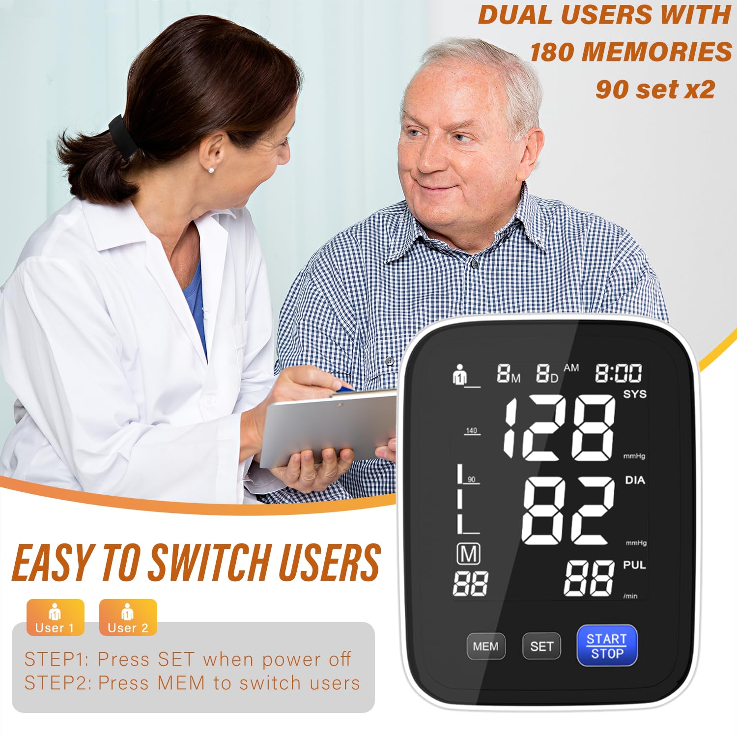 Rgdood Automatic Upper Arm Blood Pressure Monitor, Dual User 2x90 Memories Digital Blood Pressure Machine with (8.5