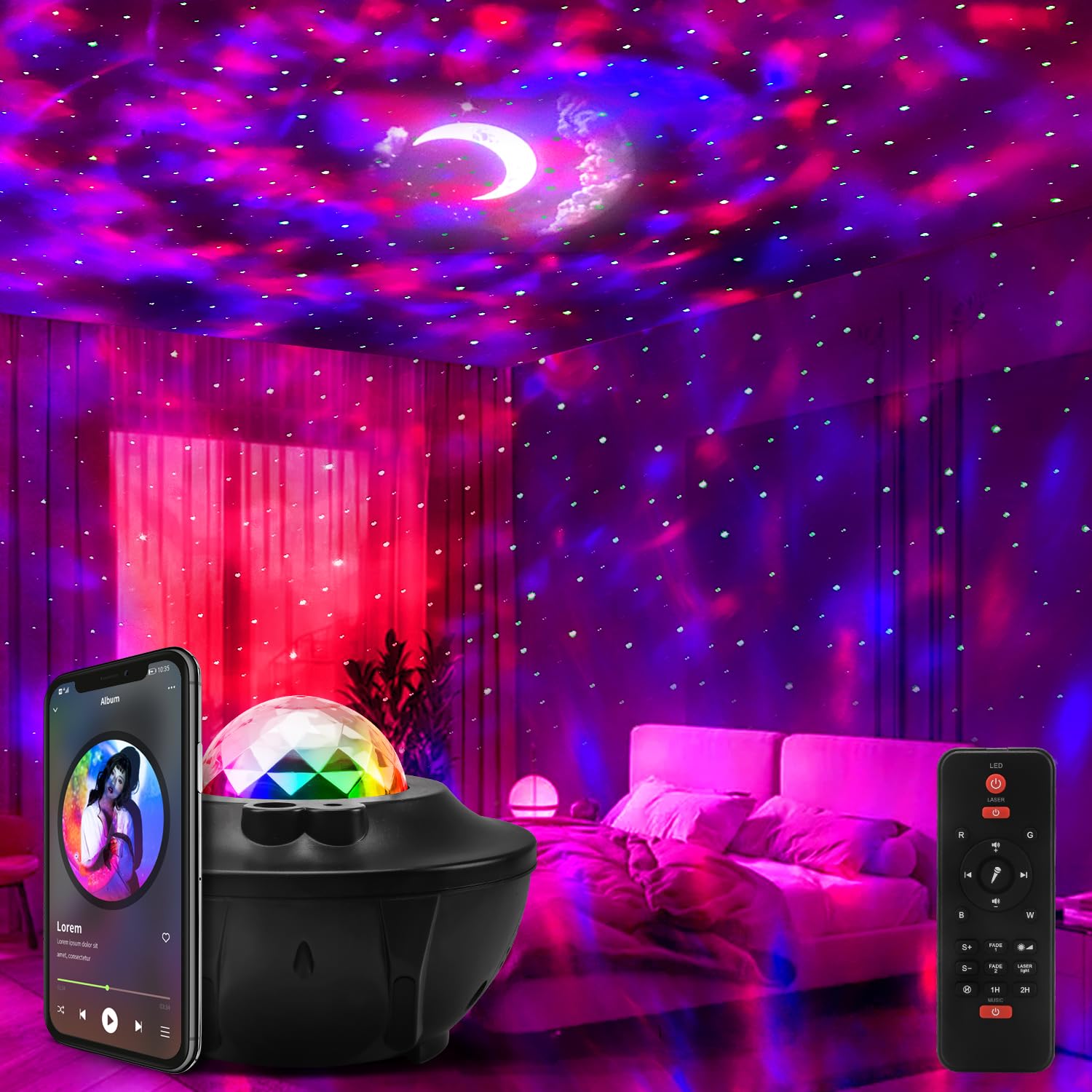 Grandisk Galaxy Projector with Music LED Star Light Remote Control for Bedroom Night Light for Kids Adults Wedding Christmas