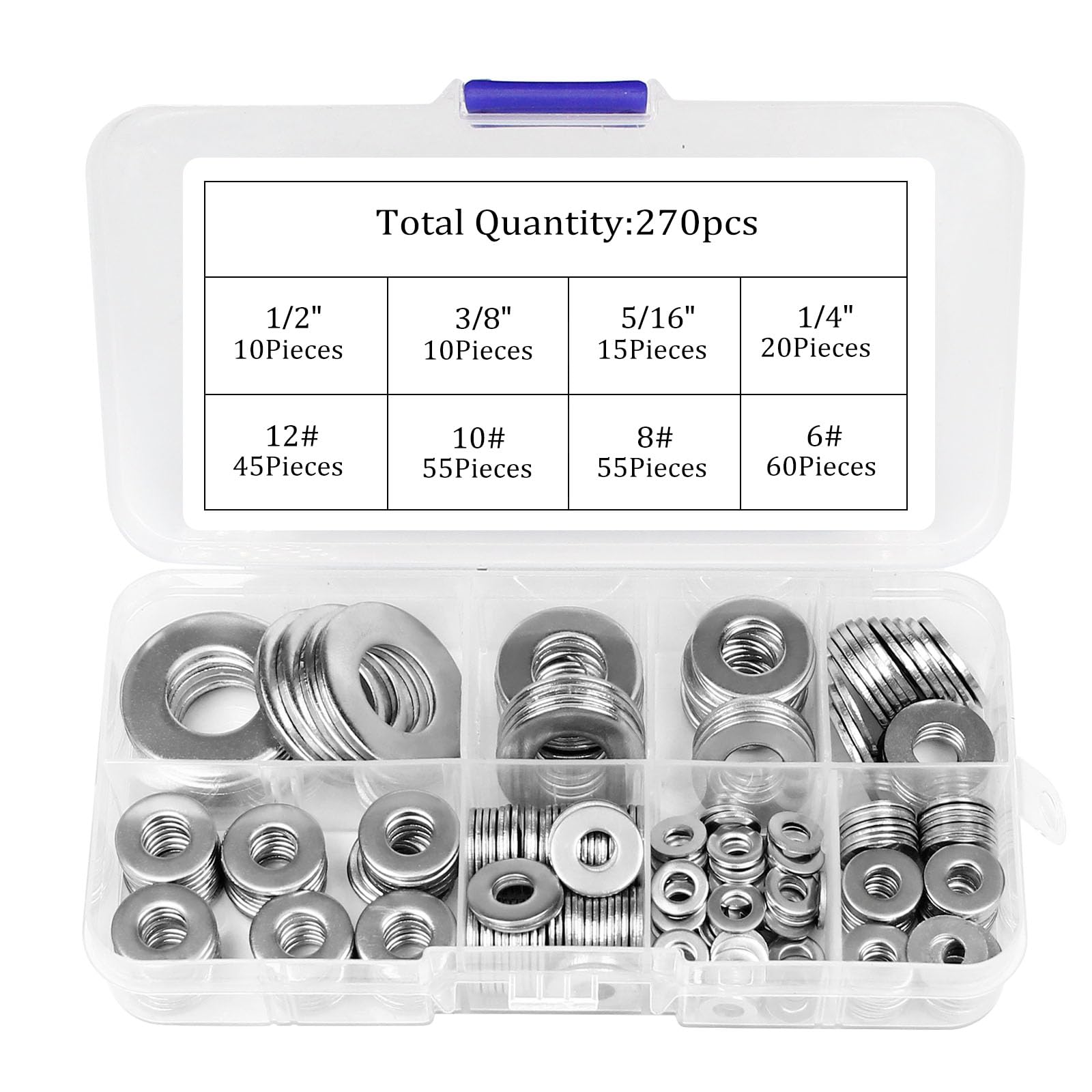 Photo 1 of 270Pcs Fender Washer for Screws,304 Stainless Steel Flat Washers for Bolts Assortment, SAE Fender Washers Set, 6# 8# 10# 12# 1/4" 5/16" 3/8" 1/2"(8 Sizes)