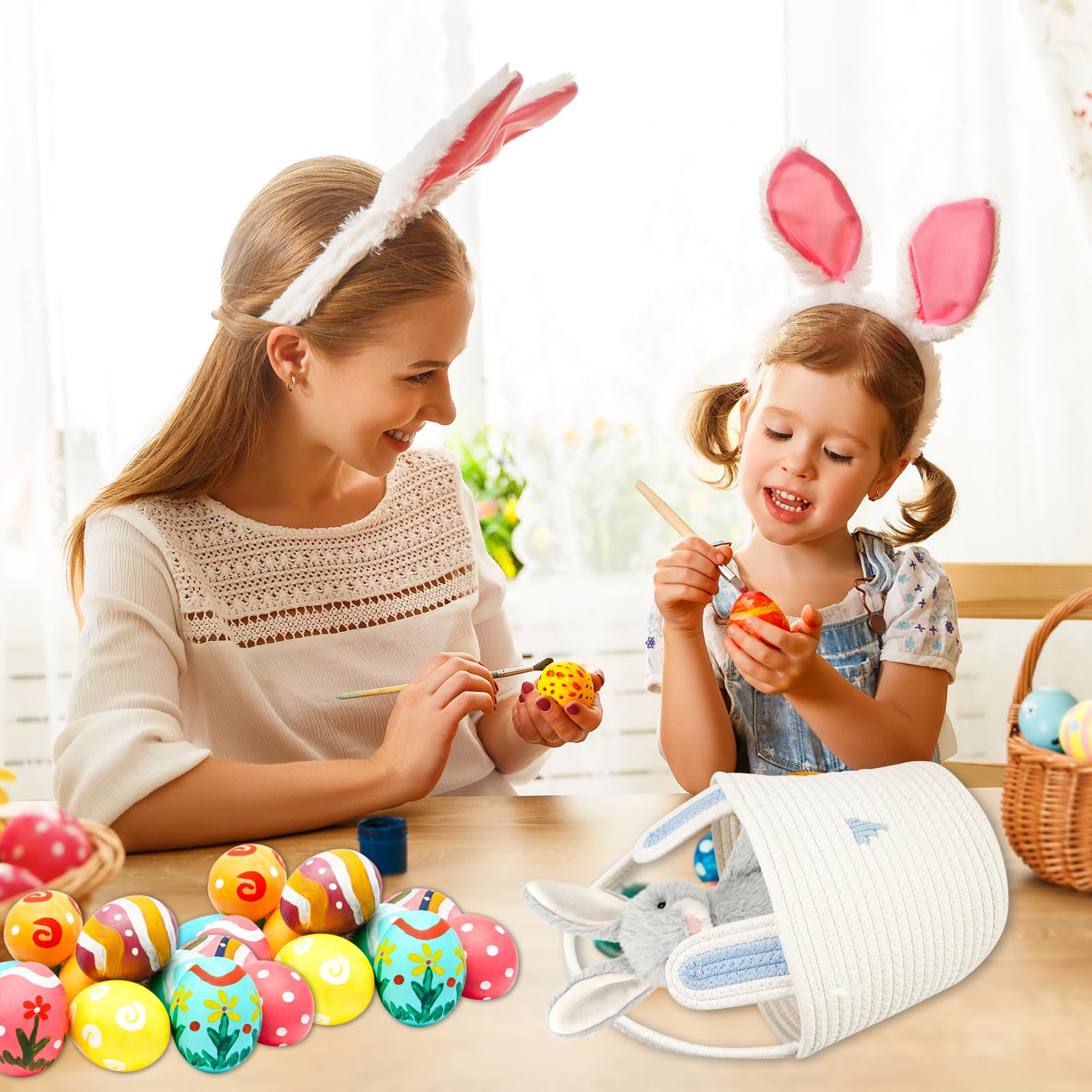 Easter Basket Empty Bunny Egg Baskets With Handle And Ears Easter Gifts Cute Woven Basket (blue)