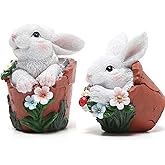Hodao Easter Bunny Decorations Spring Home Decor Bunny Figurines(Spring Flower jar White Rabbit 2pcs)
