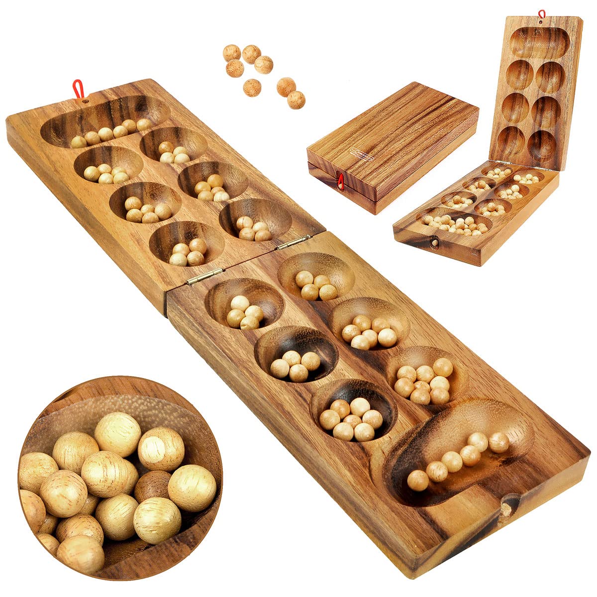 Logica Puzzles Art. Kalaha - Mancala - Board Game in Fine Wood - Strategy Game for 2 Players - Travel Version