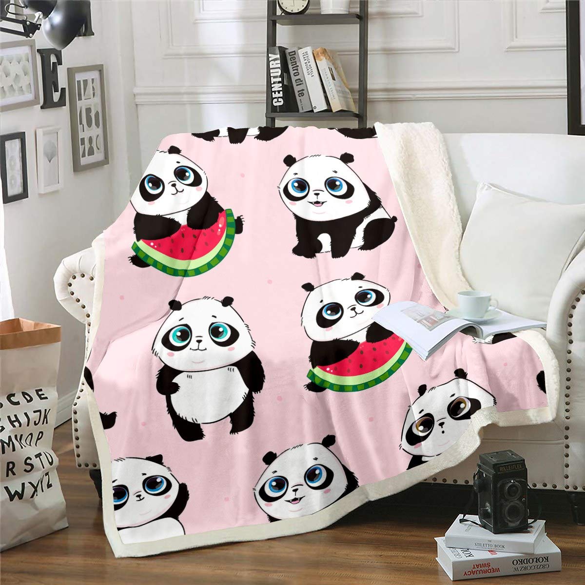 Girls Cute Panda Fleece Sherpa Throw Blanket - Cartoon Animal Printed Warm Plush Reversible Pink Watermelon Fuzzy Blanket for Room Decor - Double 60"x79"