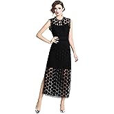LAI MENG FIVE CATS Women's Summer Lace Eyelet Sleeveless Split Midi Dress with Slip Cami Dress