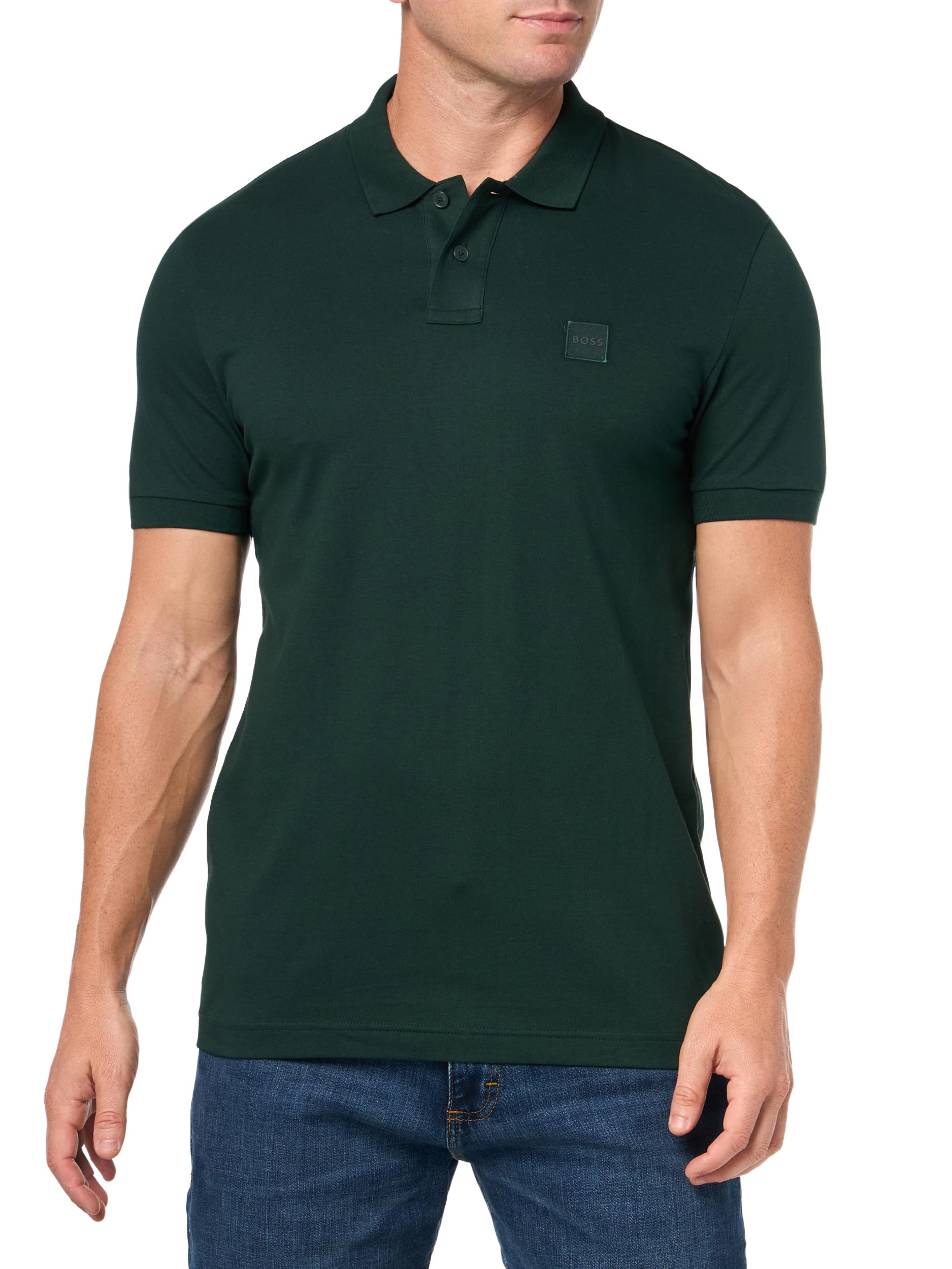 BOSS, Square Patch Logo Slim Fit Pique Polo Shirt, Dark Forest Green, M