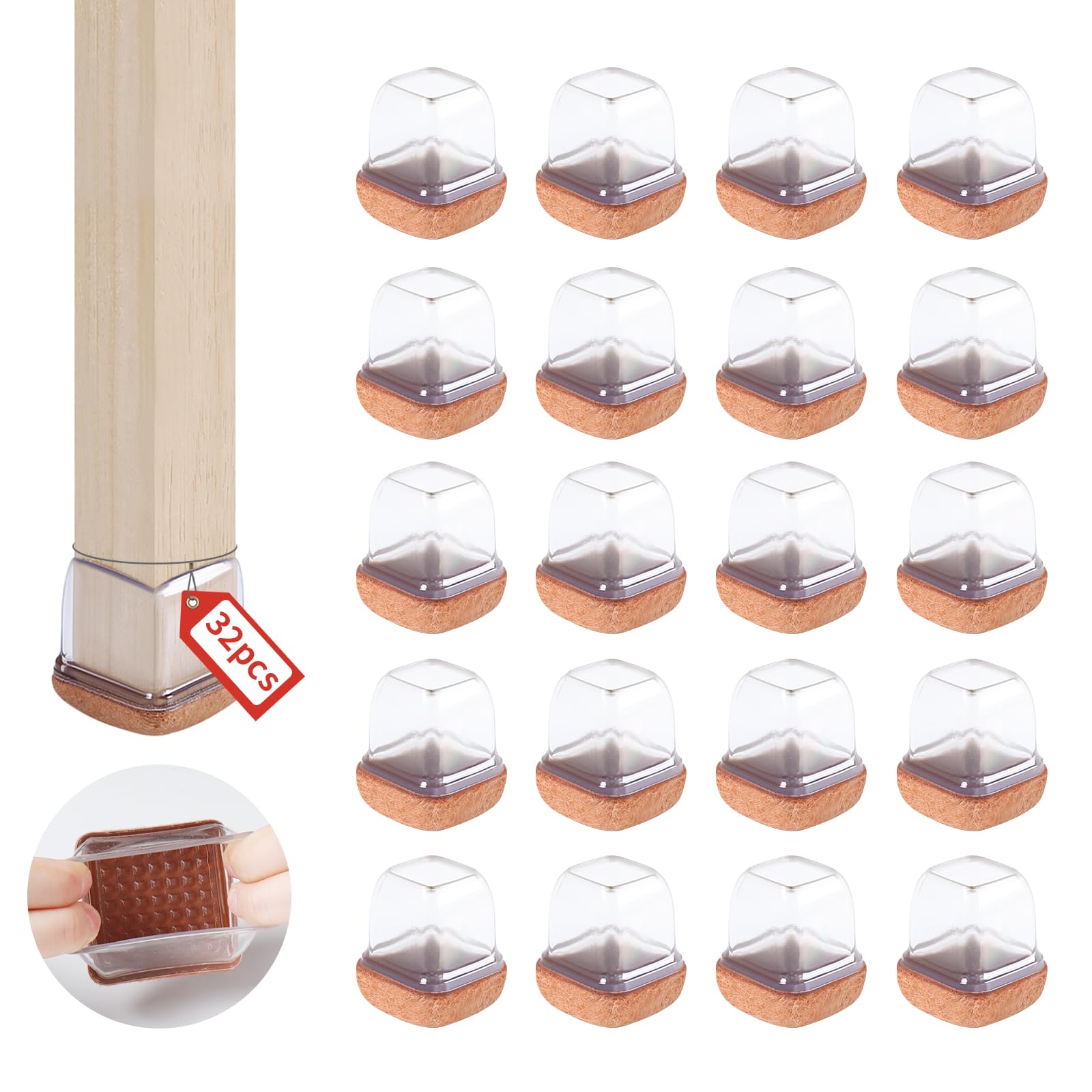 Furniture Cups Clear Silicone Square Chair Leg Protectors, 32 Pcs with Felt, Silicon Protection Covers, No Scratches, No Noise, 1