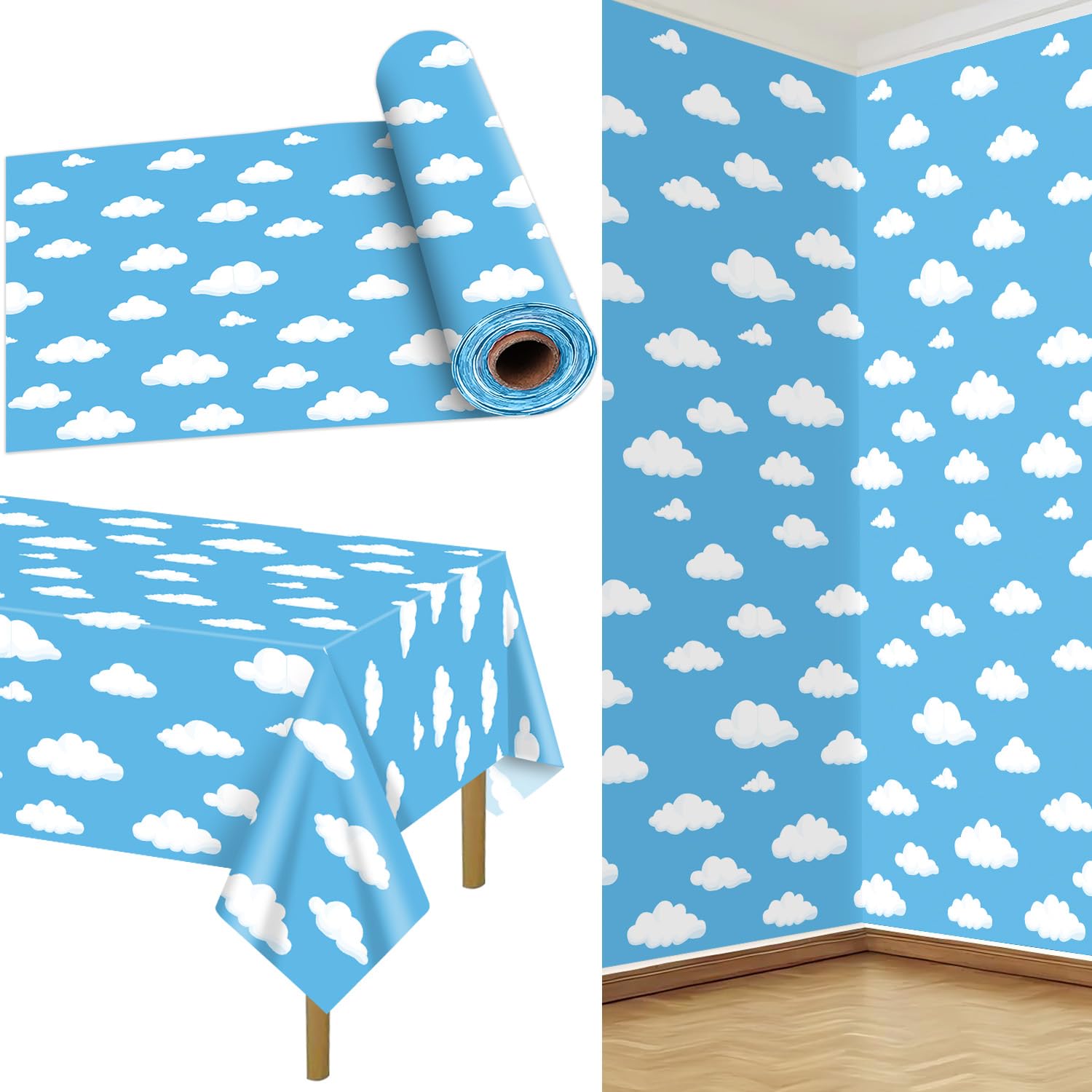 QUERICKY Sky Tablecloth Roll 100 Ft Blue and White Table Cover Sky Backdrop Story Theme Party Decorations for Birthday Baby Shower