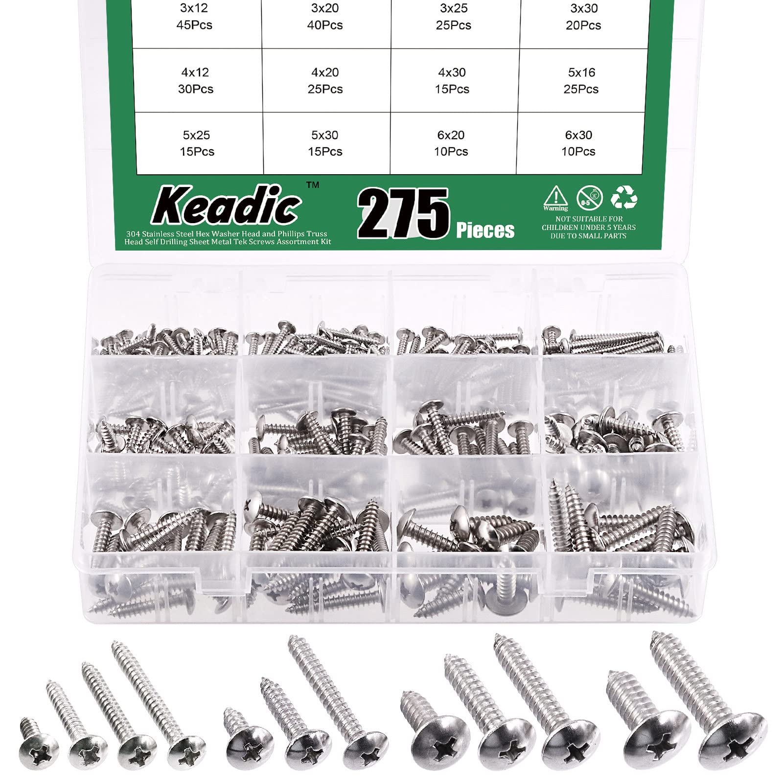 Keadic 275 Pcs 12 Sizes M3/M4/M5/M6 304 Stainless Steel Round Head Self Tapping Screws Assortment Set Phillips Drive Wood Screw Pan Head Sheet Metal Self-Drilling Screws