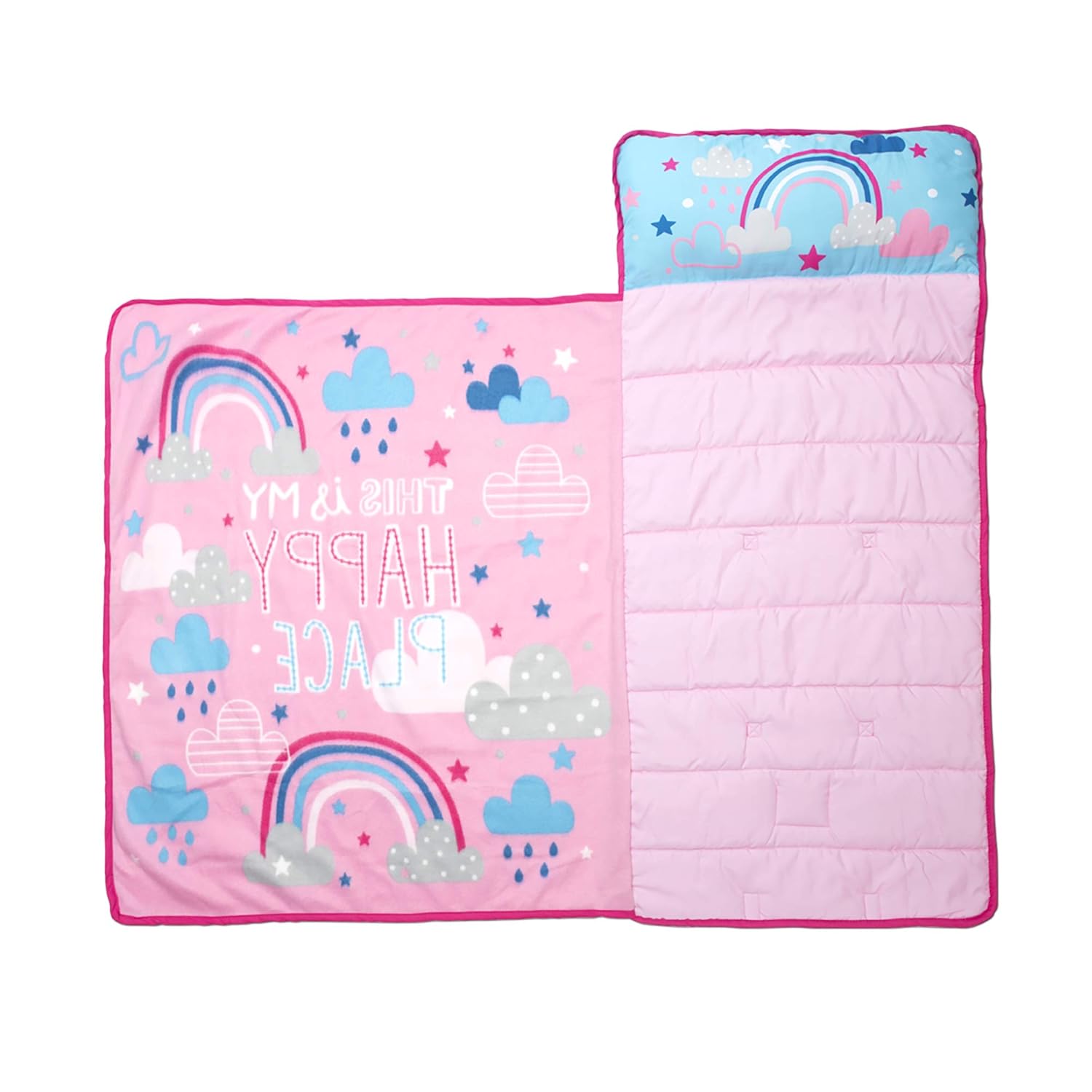 Funhouse Happy Rainbows Kids Nap Mat Set – Includes Pillow and Fleece Blanket - Great for Girls Napping During Daycare, Preschool, or Kindergarten - Fits Toddlers and Young Children: Baby