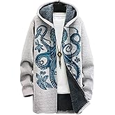 MARSVOVO Long Hooded Cardigan Men Japanese Art Style Fashion Cool Graphic Streetwear Winter Warm Lined Fleece Jacket
