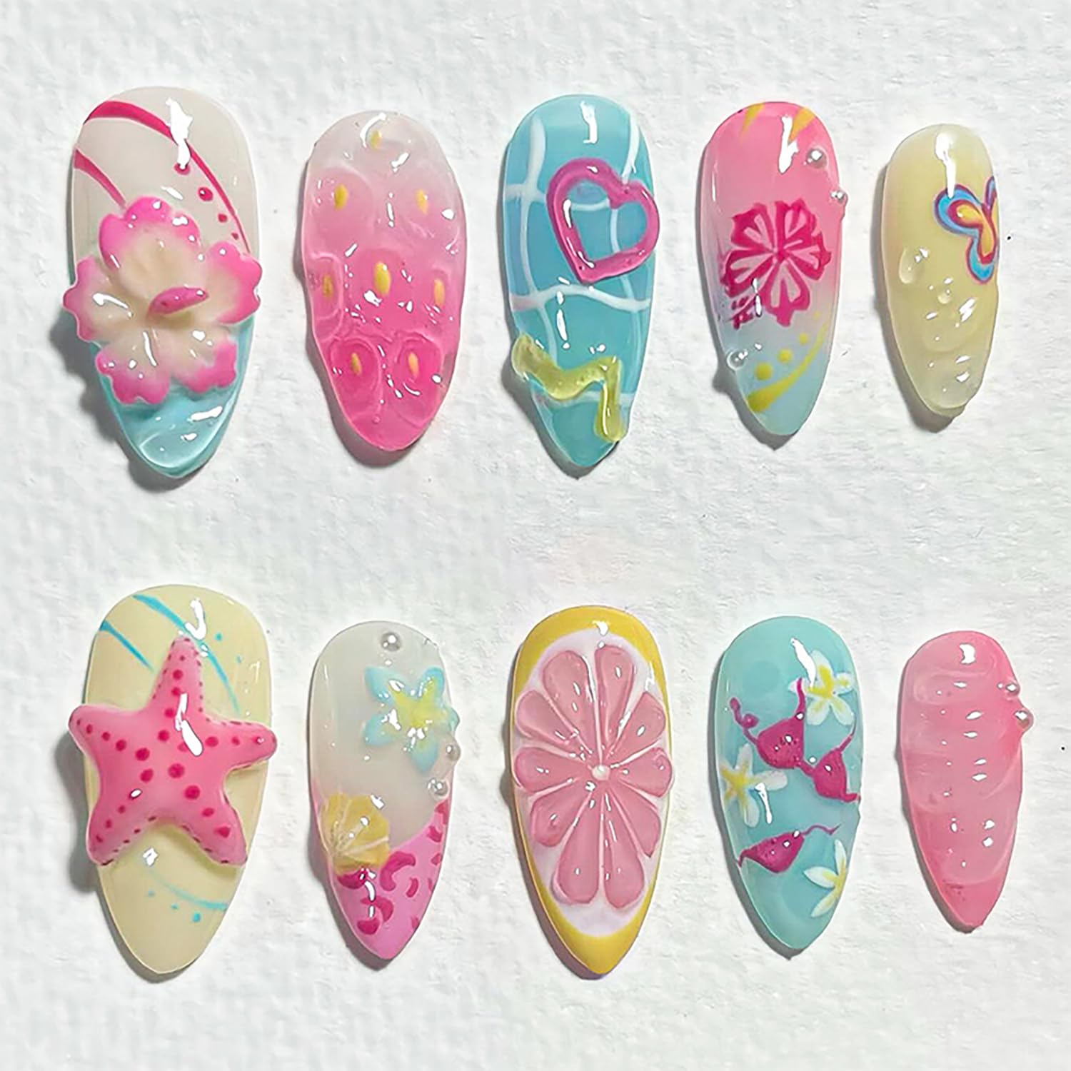 Photo 1 of 30Pcs Summer Press on Nails Medium Almond Fake Nails with 3D Flower Designs Starfish False Nails Heart Butterfly Lemon Stick on Nails Ocean Beach Acrylic Nails Pearl Floral Glue on Nails for Women