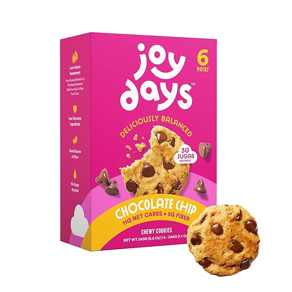 JOYDAYS CHOCOLATE CHIP COOKIES, LOW SUGAR, HEALTHY SNACKS FOR ADULTS AND KIDS, SNACK PACKS, LOW GLYCEMIC SOFT BAKED COOKIE FOR BREAKFAST OR DESSERT, 3G PROTEIN, 3G SUGAR, 5G FIBER, 6 PACK, 12 COOKIES