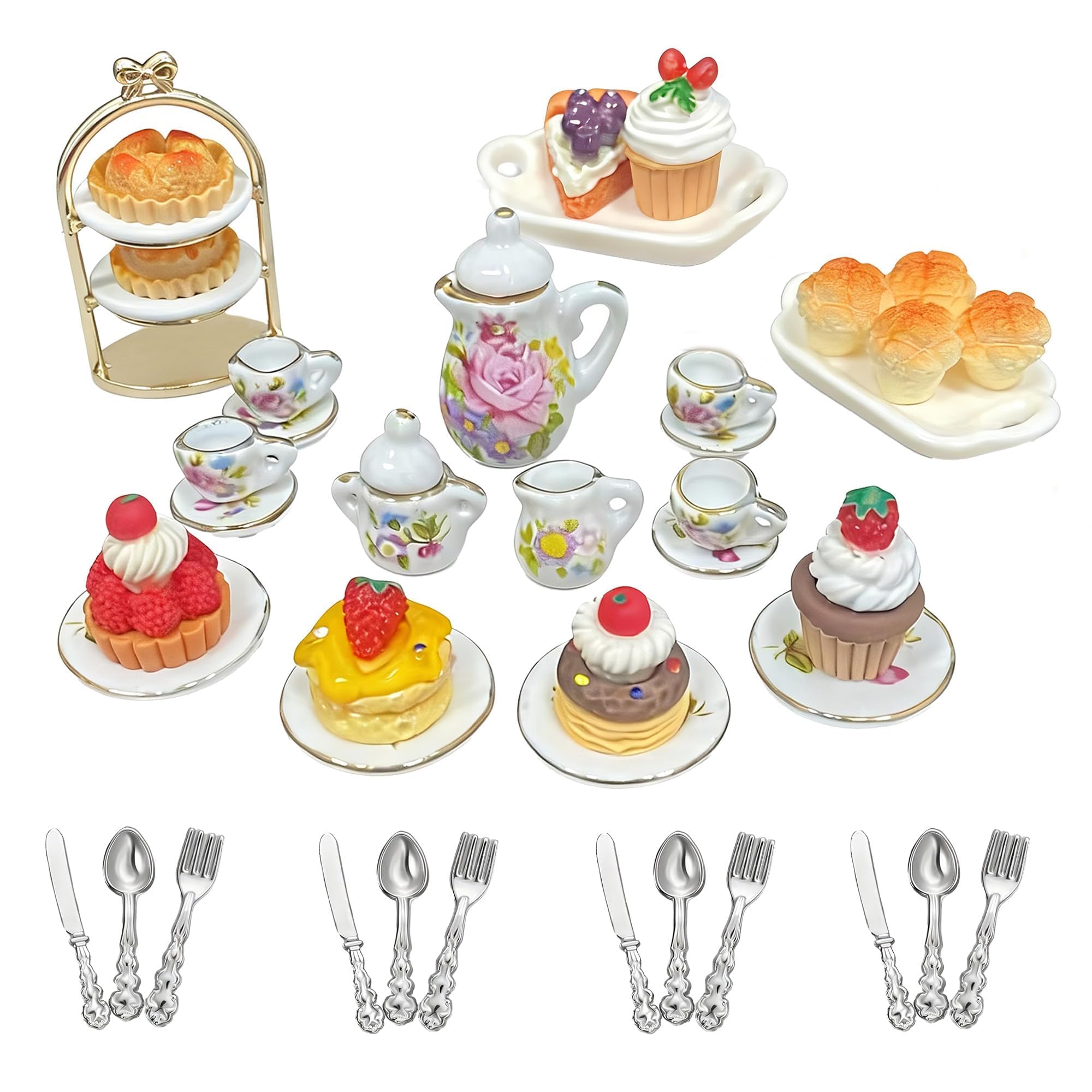 Photo 1 of 1:12 Miniature Dollhouse Porcelain Tea Cup Set 42 pcs, Kitchen Accessories Including Teapot Cup Plates, Knifes and Forks, Cakes and Desserts and a Cake Stand
