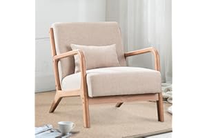 INZOY Mid Century Modern Accent Chair with Wood Frame, Upholstered Living Room Chairs with Waist Cushion, Reading Armchair for Bedroom Sunroom (Beige)