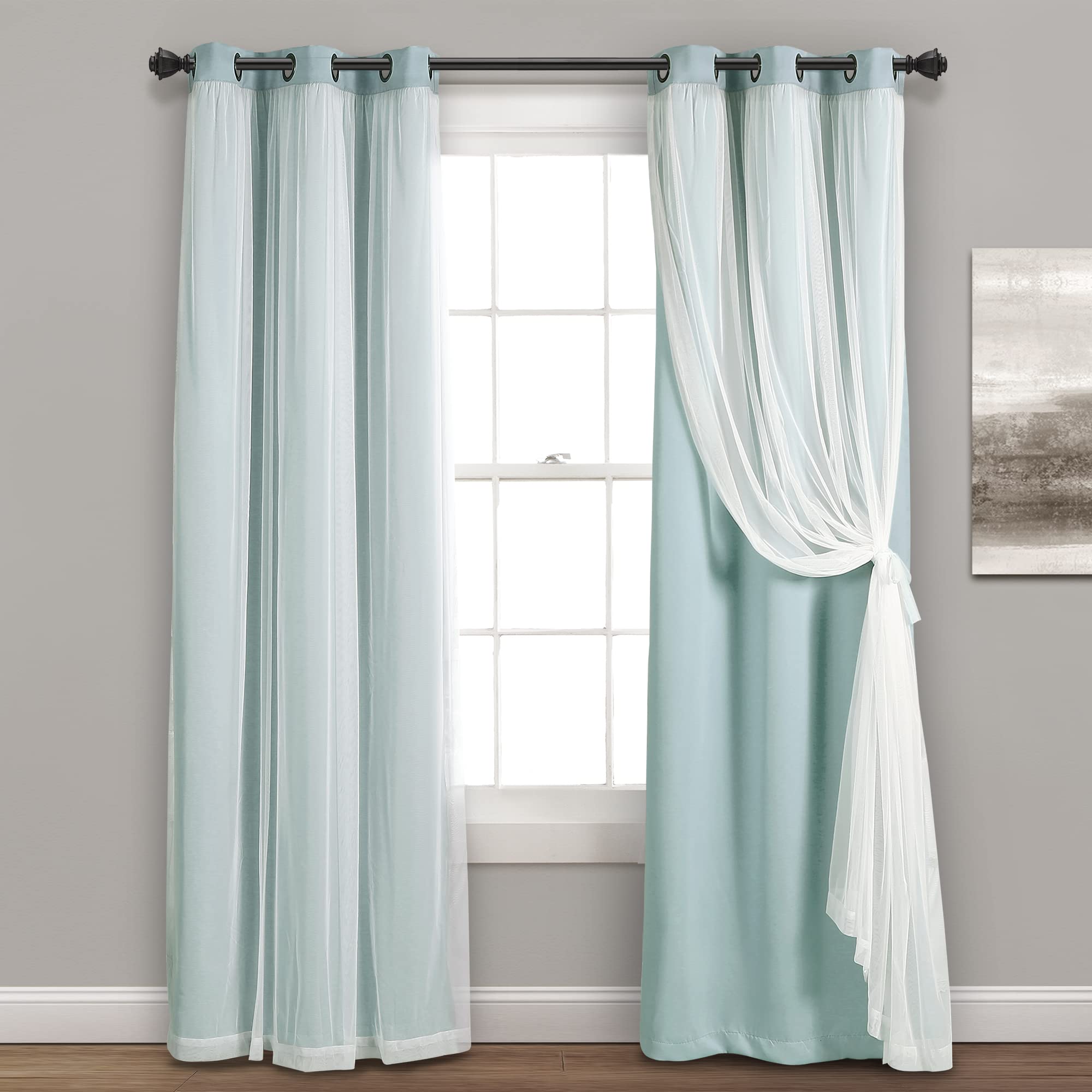 Lush Decor Sheer Grommet Curtains With Insulated Blackout Lining, Window Curtain Panels, Pair, 38″W x 95″L, Blue – Curtain With Sheer Overlay, Elegant Blackout Curtains for Bedroom