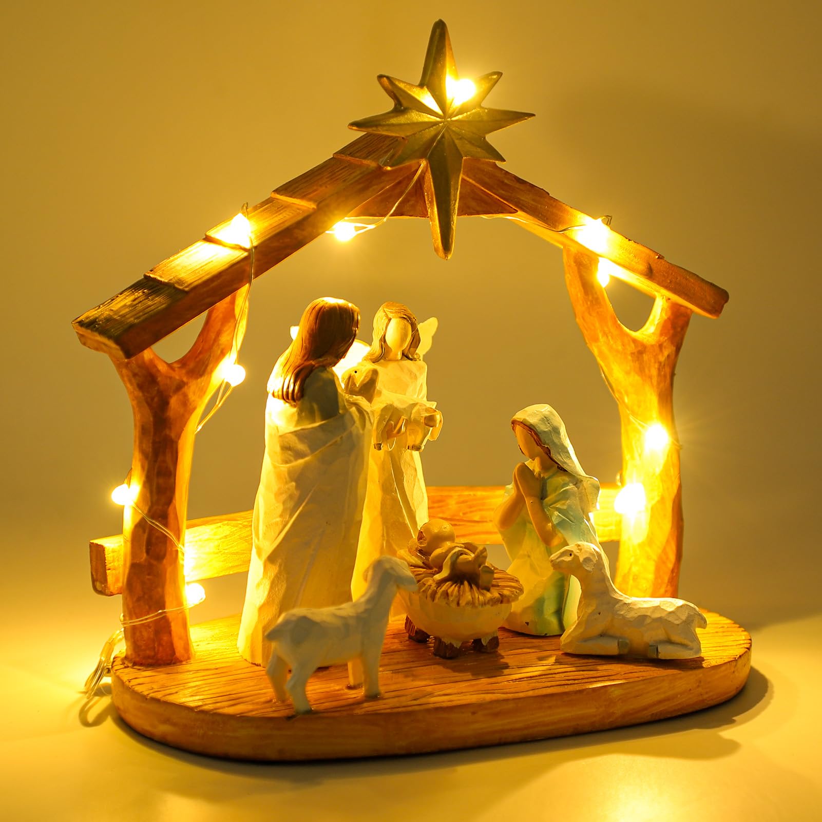 CHUANGLI Nativity Set with LED Lights - Indoor Nativity Scene with Manger, Figures & Story - Festive Christmas Decorations