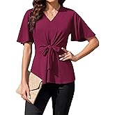 ArtJuly Women Casual Peplum Tops Elegant V Neck Bell Short Sleeve Dressy Blouses Cute Tie Front Tops Shirts