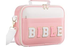 WOBAGMEN Bible Cover Case for Women,Large Leather Bible Carrying Cases Christian Gifts for Women Men Girls,Preppy Chenille Letter Bible Bag Bible Purse with Shoulder Strap,Pink