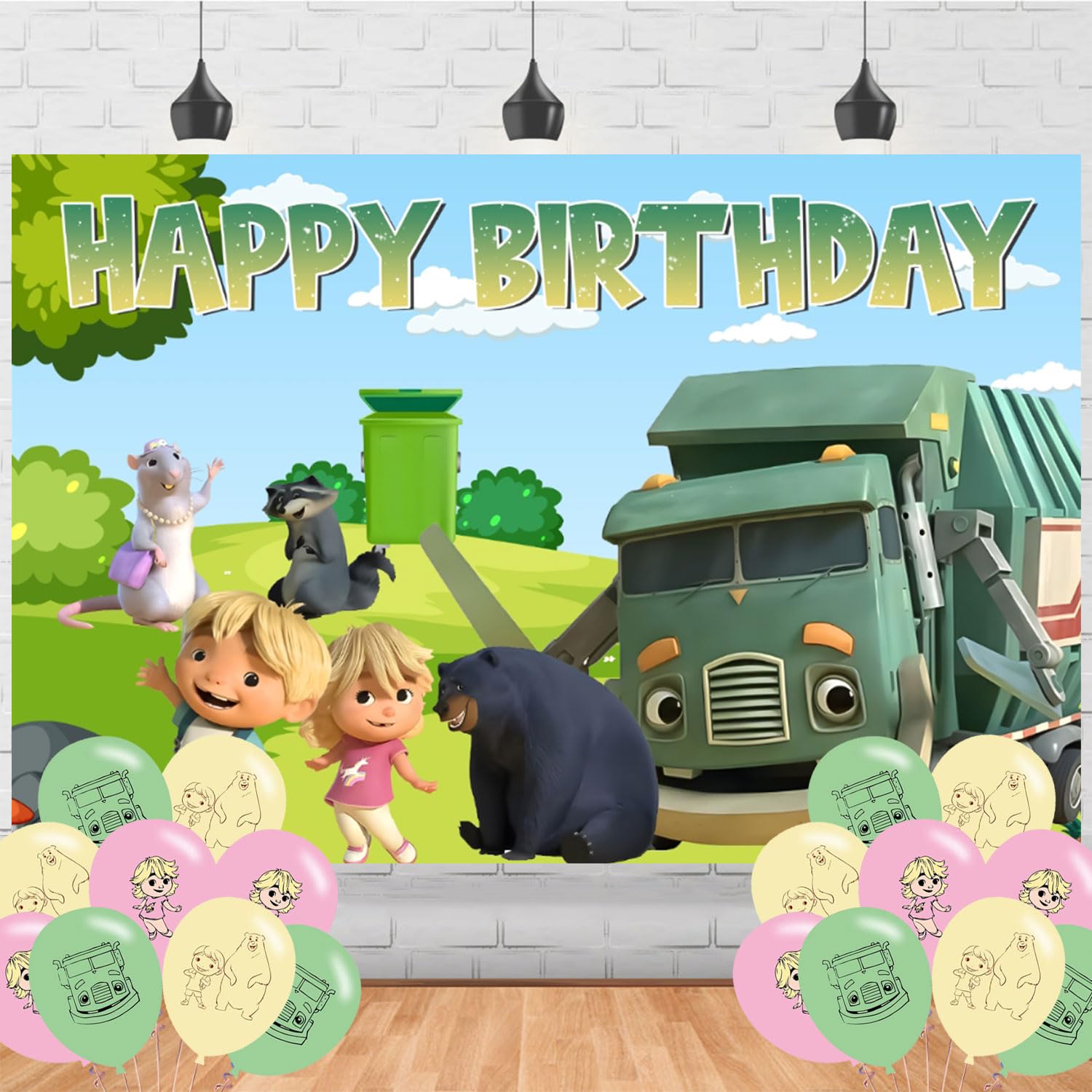 Photo 1 of Ezcpigei Trash Truck Birthday Banner - 5x3ft, Green, 18pcs Balloons, Indoor, Wall Mount, Rectangular, Standard Banner, Waste Management Facility/Garbage Dump Theme, Children, Birthday Occasion