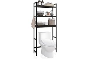 SMIBUY Bathroom Storage Shelf, Bamboo Over-The-Toilet Organizer Rack, Freestanding Toilet Space Saver with 3-Tier Adjustable Shelves (Black)