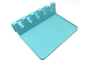 HATRIGO Silicone Spoon Rest Holder for Stove Top, Silicon Utensil Rests for Kitchen Countertop, Large Heat Resistant Spatula Spoon Reat for Cooking with 5 Slots with Drip Pad BBQ Utensil Holder (Pool Color)
