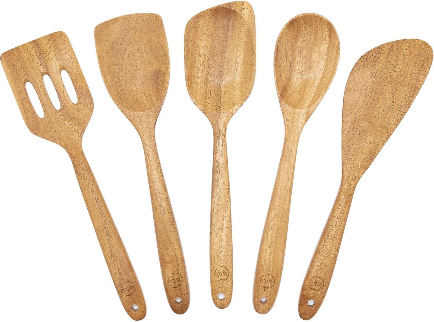 FAAY Wooden Spoons for Cooking - 5 In 1 Nonstick Wooden Kitchen Utensil Set: Spoon, Spatula, Slotted Turner, Scraper, Spoonula - Durable High Moist-Resistant Hardwood and Smooth Polishing