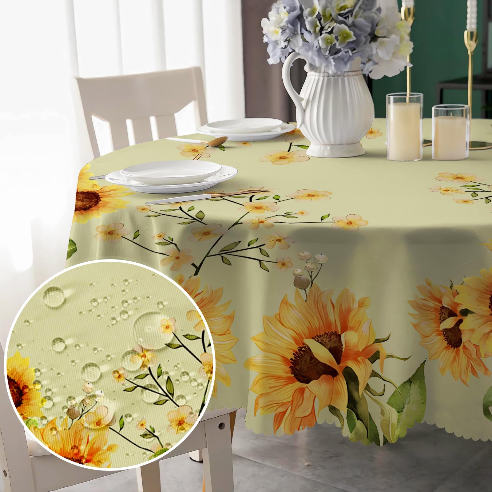 Round Tablecloth 150cm Wipeable, Waterproof Sunflower Polyester Tablecloths, Table Cloth Wrinkle Resistant Table Cover for Home Dinner Kitchen Party Picnic Outdoor