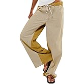PEIHOT Womens Low Waist Stripe Sweatpants Casual Wide Leg Drawstring Cotton Denim Pants Yellow and White
