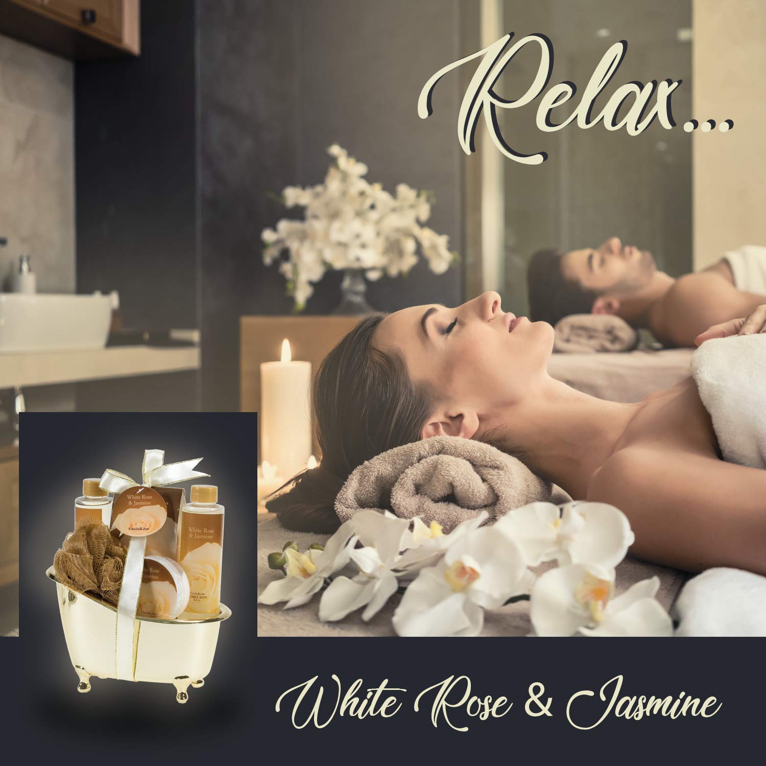 Home Spa Gift Basket - White Rose Jasmine Spa Set For Women - Luxury Bath & Body Set For Women - Contains Shower Gel, Bubble Bath, Body Lotion, Jasmine Bath Salt and Pouf Displayed in Elegant Gold Tub : Bath And Shower Product Sets : Beauty