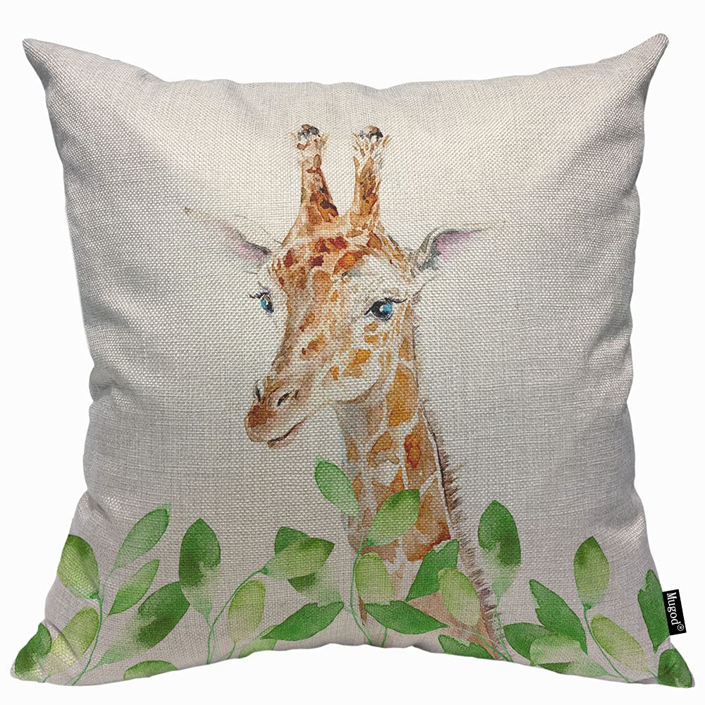 Mugod Cute Giraffe and Leaves Cushion Cover Throw Pillow Covers African Animals Giraffe Antler Long Neck Green Leaf Pillow Case for Men Women Decorative Home Sofa Chair Couch 45x45cm/18x18 Inch