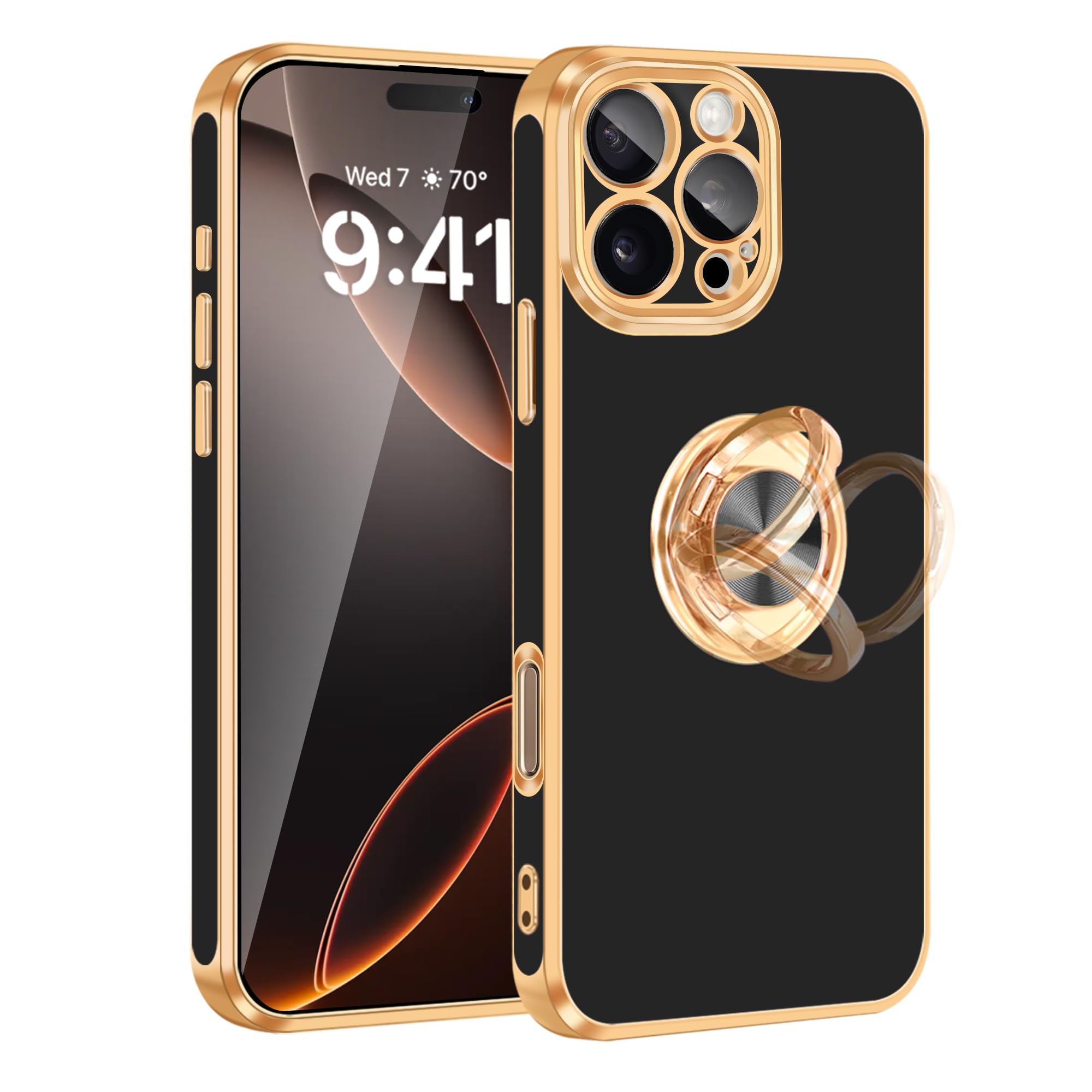 Photo 1 of Fingic for iPhone 16 Pro Max Case[with 360°Rotatable Ring Holder][Support Magnetic Car Mount]Shiny Plating Gold Slim Thin Soft TPU Bumper Shockproof Case for iPhone 16 Pro Max for Women Men,2024,Black