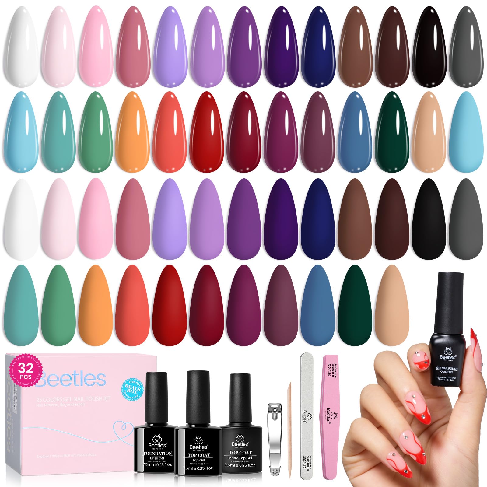 beetles Gel Polish 25 Colors Spring Summer Gel Nail Polish Set Pink Gel Nail Red Nude Brown Purple Burgundy Nail Art with 3Pcs Base Top Coat Urban Rhythm Collection DIY Salon Manicure Gift for Women