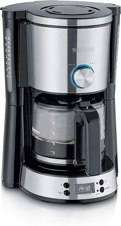 SEVERIN TypeSwitch KA 4826 Coffee Machine with Glass Jug and Timer, AromaSwitch for 2 Brewing Options, Digital Clock with Timer Function, for up to 10 Cups, 1,000 W, Brushed Stainless Steel, Black
