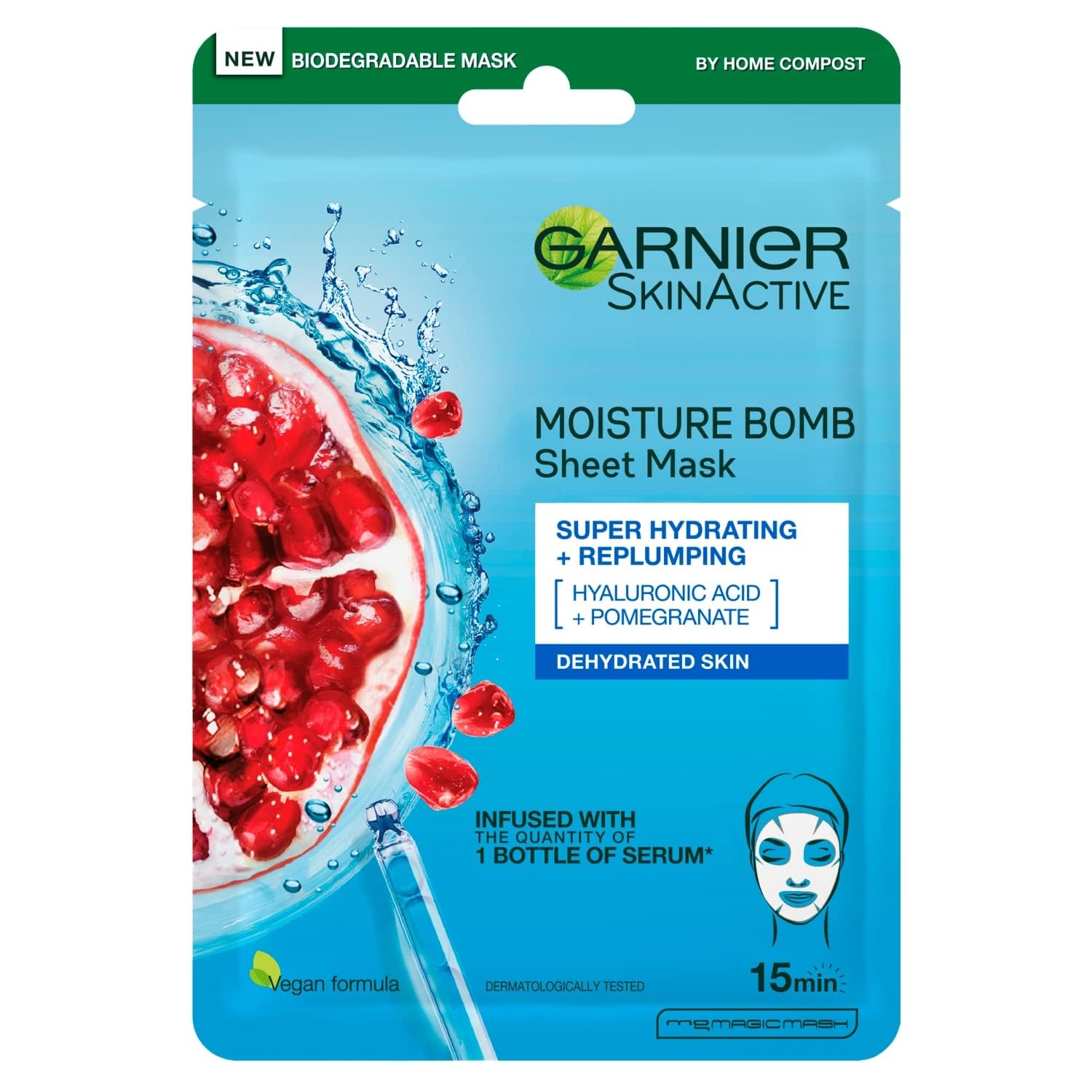 Garnier Moisture Bomb Pomegranate and Hyaluronic Acid Sheet Mask, Super Hydrating and Replumping Face Mask, For Dehydrated Skin, Vegan Tissue Mask, 28g