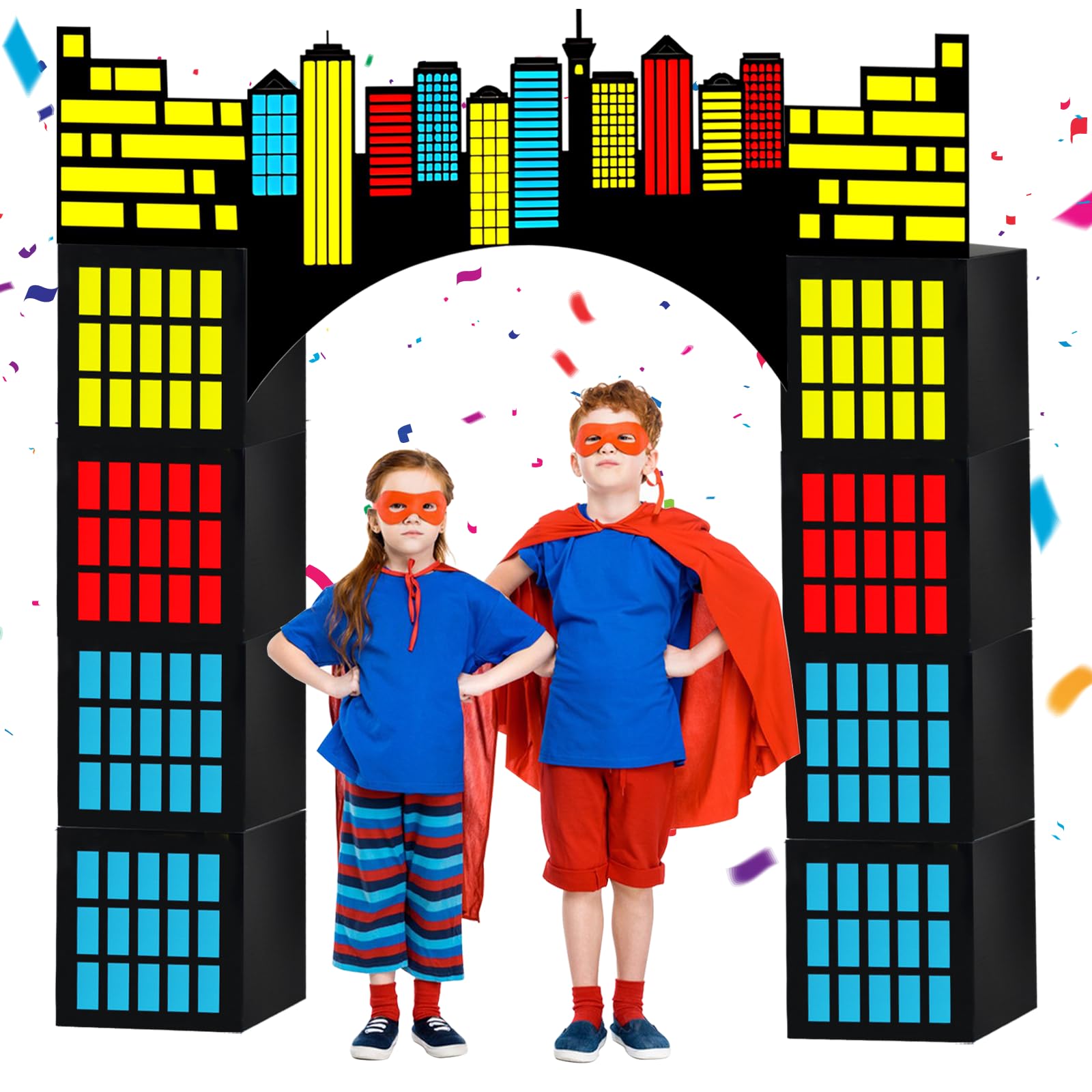 Photo 1 of 11 Pcs Large Hero Theme Cardboard Decorations Super Themed Skyline Building Hero Party Cardboard Playhouse City Skyline Buildings Heroes Centerpiece for Birthday Party Decoration