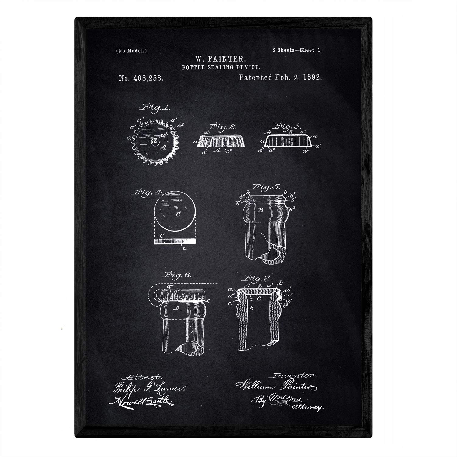 Nacnic Poster with Patent Bottle Cap. Sheet with old design patent A3 size with black background