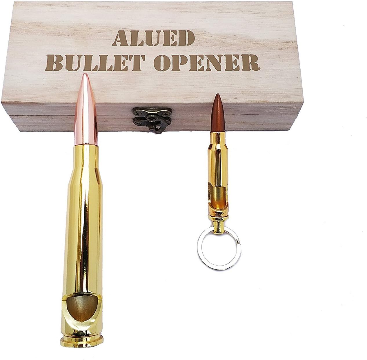 Alued .308 Cal Keychain Bullet Bottle Opener and 50 Cal BMG Bullet Bottle Opener Combo Pack with wooden gift box, 2pcs SET,Great bar man cave gears
