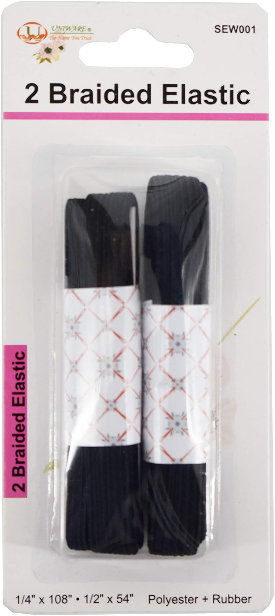 Uniware 2 Braided Elastic (2 ct, Polyester + Rubber, 1/4" x 108", 1/2" x 54") Black & White (Black)