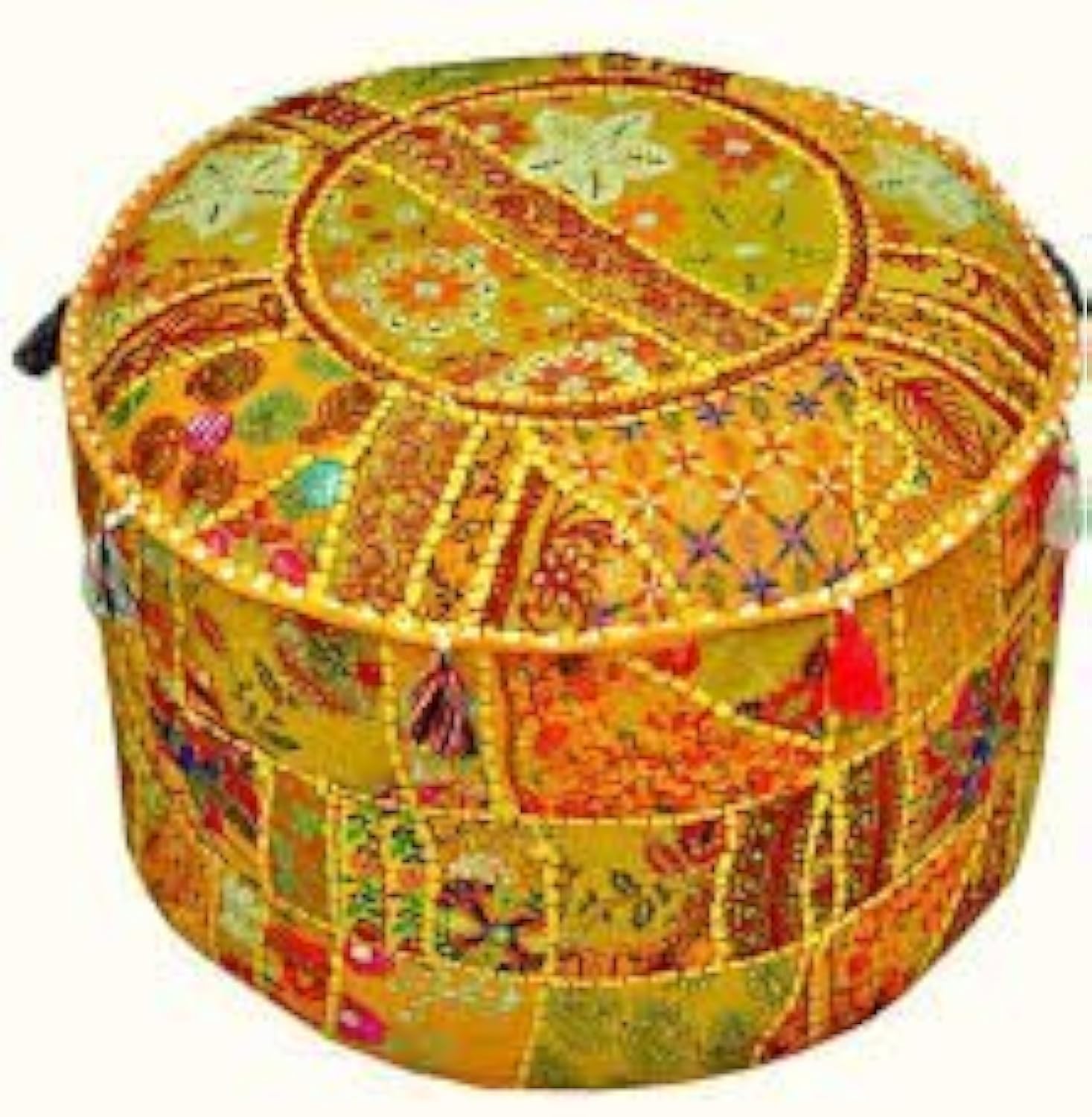 Radhykrishnafashions Vintage Embroidered Pouf Ottoman Footstool Cover Indian Round Ottoman Stool Pouf Pillow, Ethnic Embroidered Pouf Cover, Pouffe Ottoman Pouf Cover Pillow Ethnic Decor Art (Yellow)