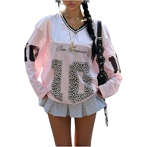 BEAUDRM Girls' Y2k Leopard Number Graphic Oversized Tops Football Jersey Long Sleeve Shirts Streetwear
