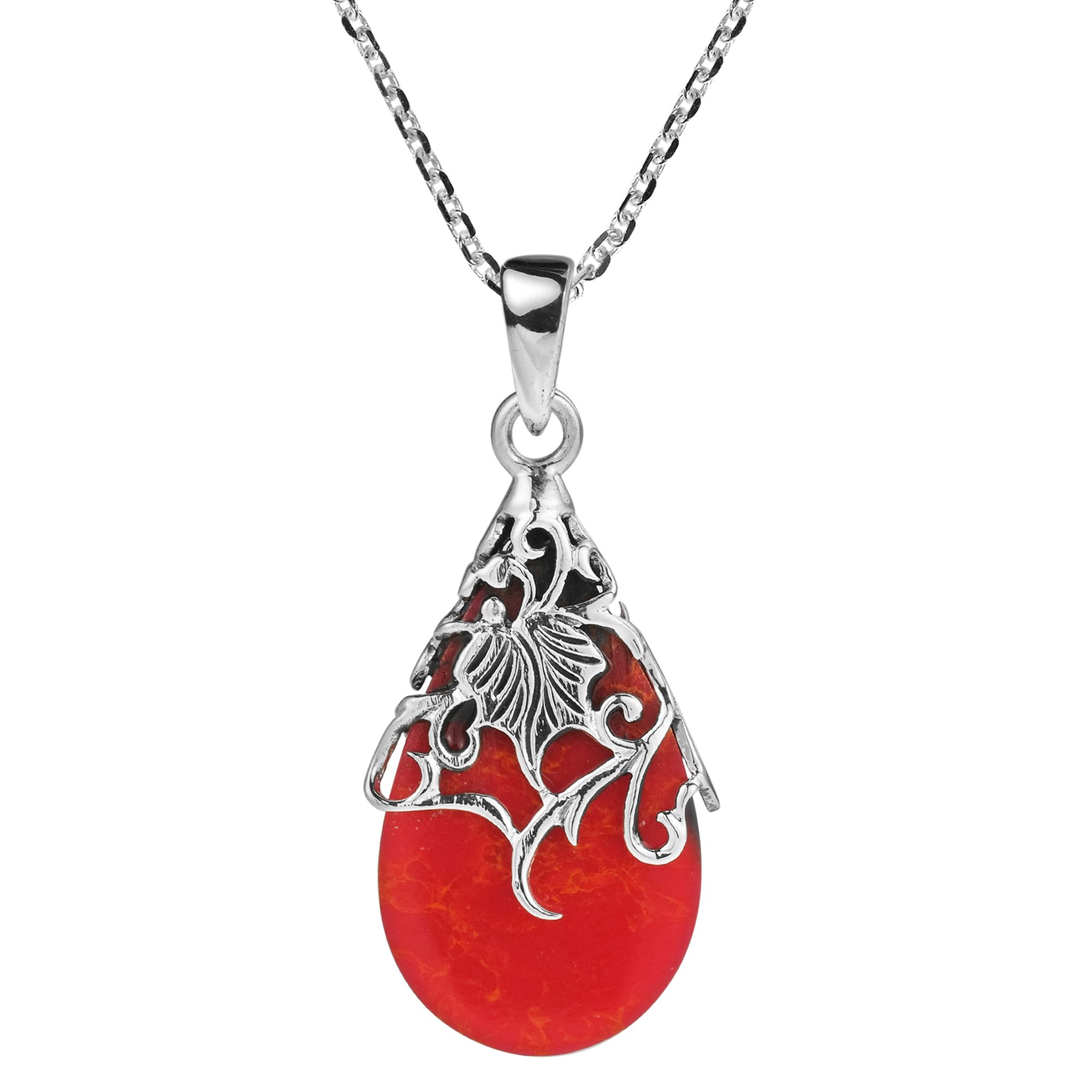 Floral Vine Ornate Teardrop Reconstructed Red Coral .925 Silver Pendant Necklace