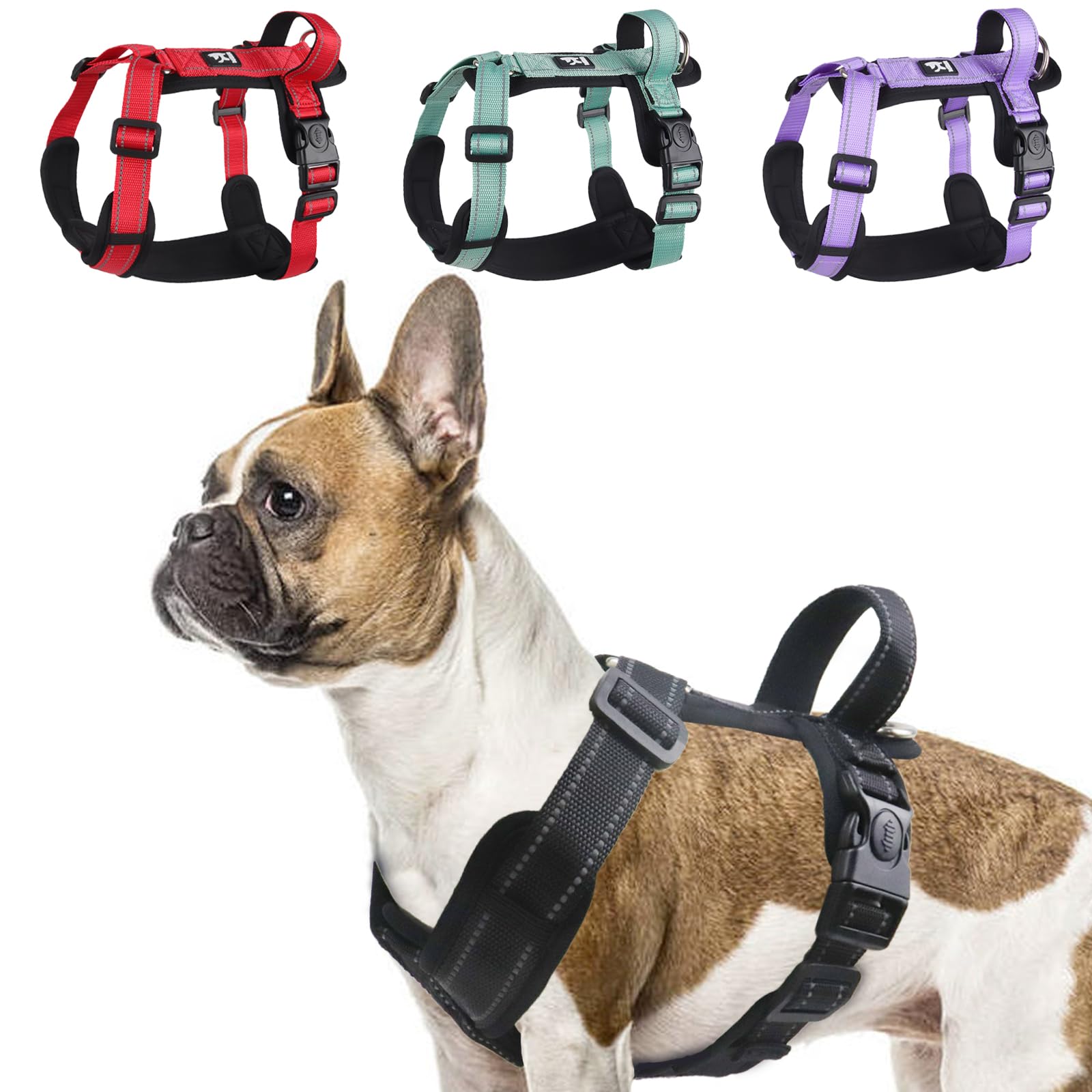 LiebeDD Dog Harness, H Shaped Front Clip Dog Harnesses with Handle, Reflective Adjustable French Bulldog Harness, Easy Walk Dog Harness for Medium Small Dog Puppy, Black, L
