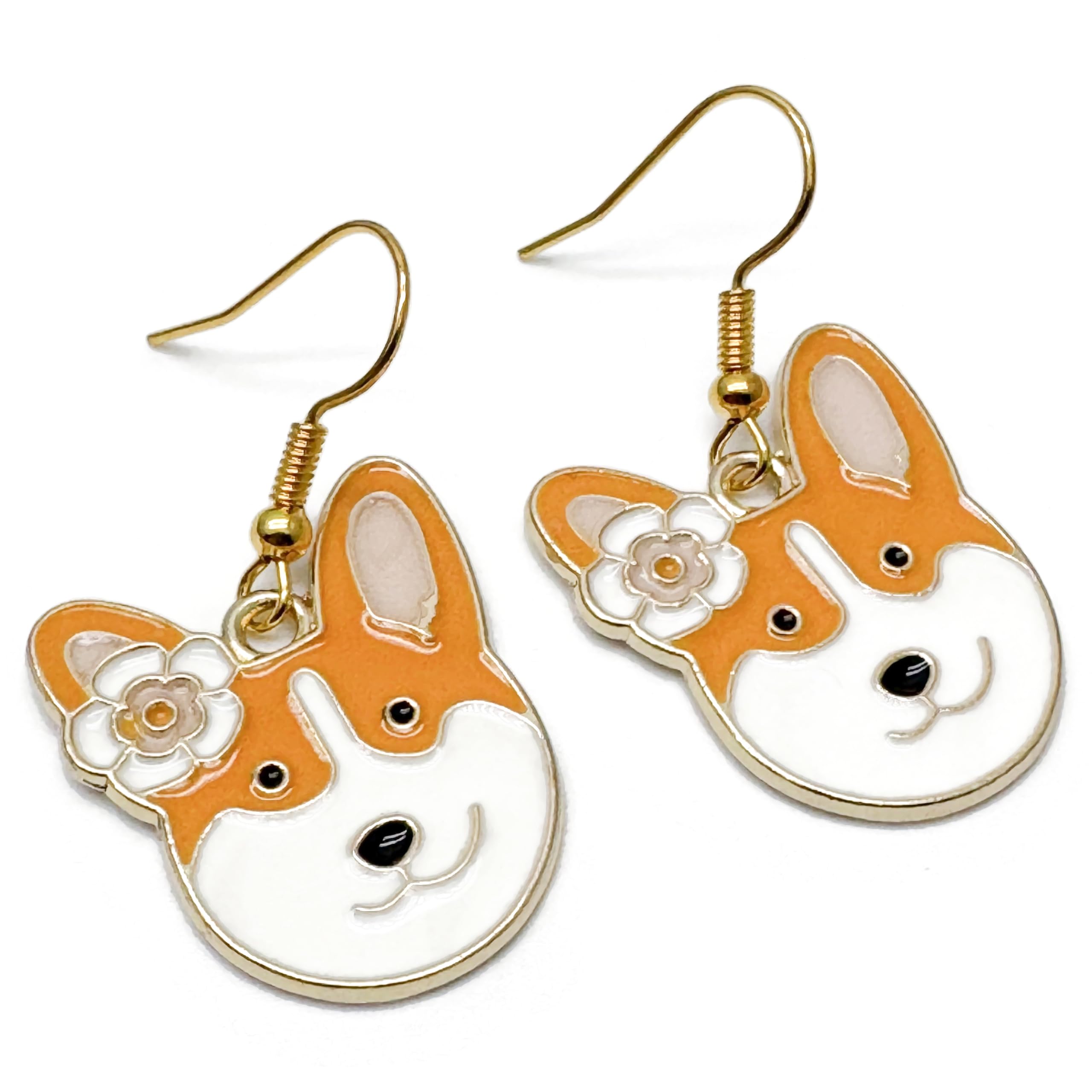 Corgi Charm Earrings, Cute Enamel Puppy Dog Charms on Nickel Free Gold Tone Hooks : 39mm long, Pet Owner Gift for Women, Dog Breed Animal Lover