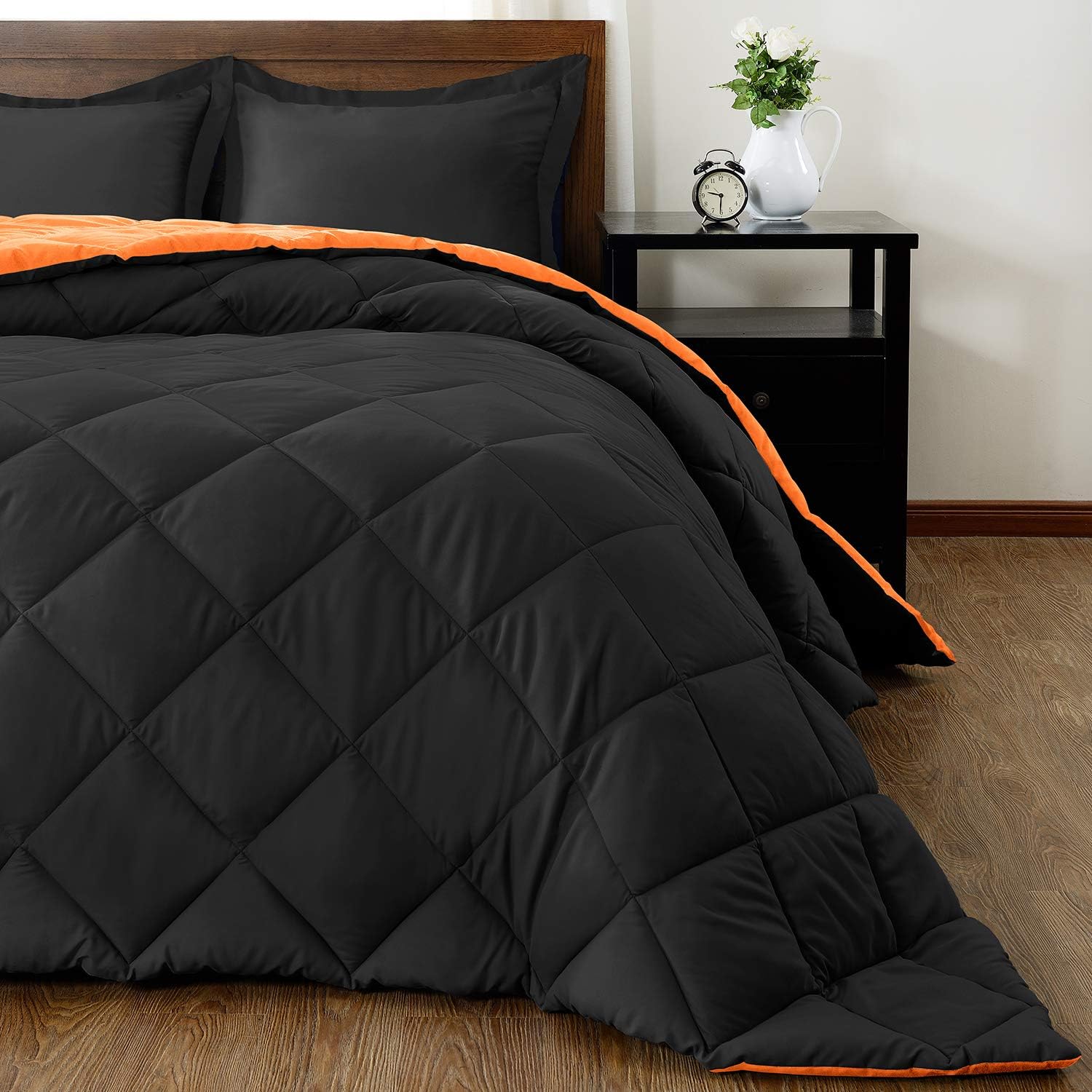 downluxe Lightweight Solid Comforter Set (Queen) with 2 Pillow Shams - 3-Piece Set - Orange and Black - Down Alternative Reversible Comforter: Home & Kitchen