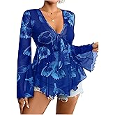 Floerns Women's Plus Size Tie Front Blouse Top Flare Long Sleeve Mesh Ruffle Peplum Top
