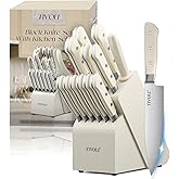 TIVOLI 15 Pieces Knife Set with Block, Forged, High Carbon Stainless Steel Sharp Blade Kitchen Knife Block Set with Ergonomic Wood Handle, Dishwasher Safe Cutlery, Gifts For Cooks, Cream White