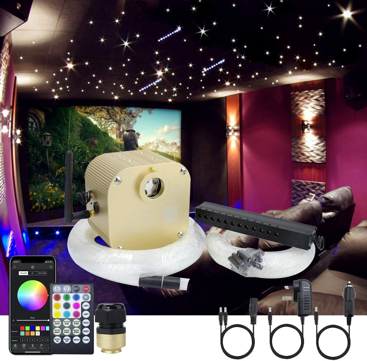 Callsky 16W APP Control+Twinkle+Music Activated Fiber Optic Ceiling Light Kit for Car Home, RGBW Engine Driver + Remote Control+550pcs*0.03in/0.75mm*13.1ft+Meteor Fiber Strands