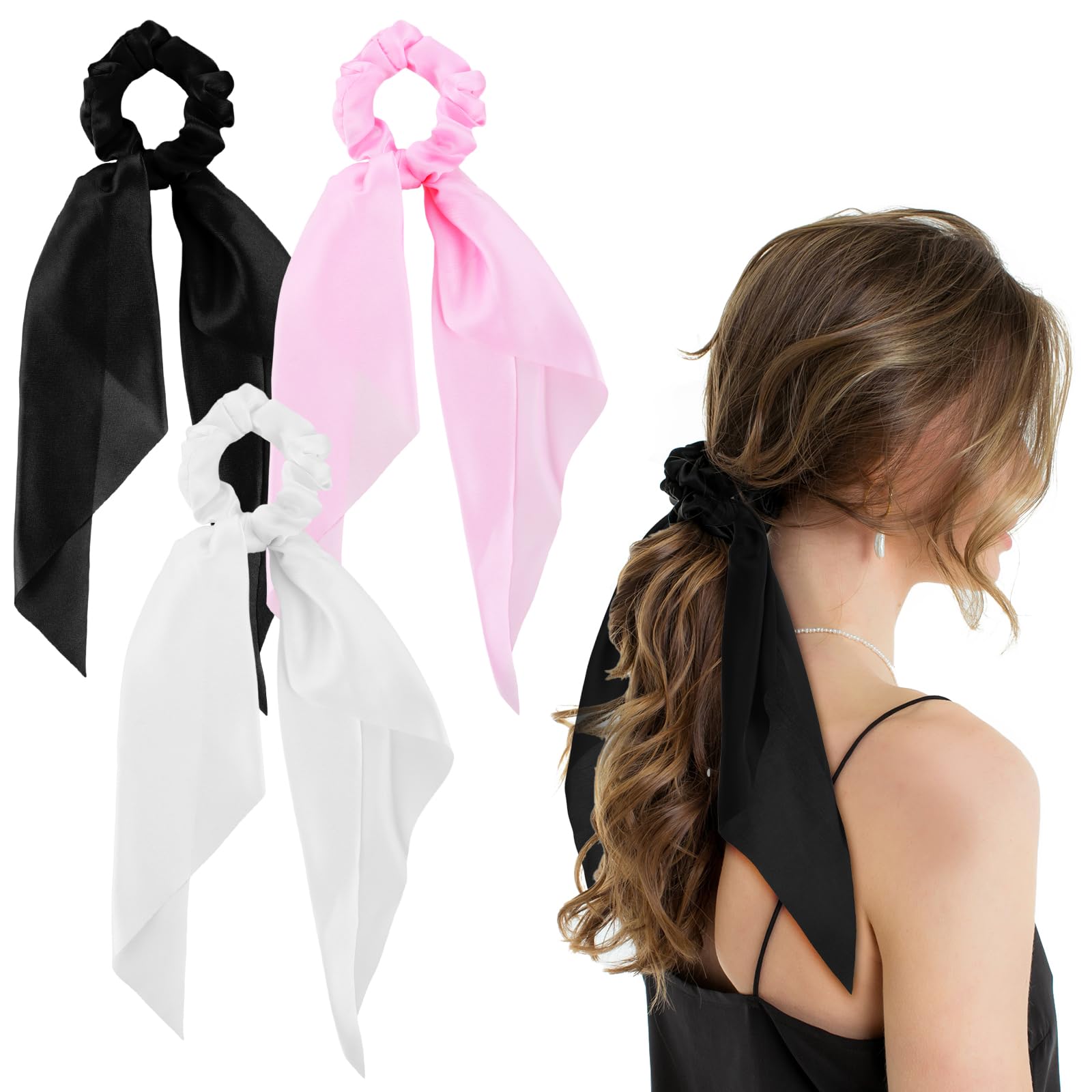 WLLHYF 3PCS Knotted Hair Scrunchies Satin Scarf Hair Tie Elastic Bow Hair Bands Ponytail Holder Silky Hair Ribbon Long Tail Hair Accessories for Women Girls
