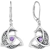 Raymard Trinity Celtic Knot Moon Leverback Earrings for Womens, 925 Sterling Silver Dangle Drop Round Gemstone Earrings, Irish Celtic Jewelry for Women