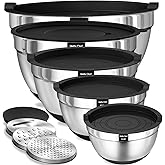 Umite Chef Mixing Bowls with Airtight Lids, 8PCS Stainless Steel Nesting Mixing Bowls Set, 3 Grater Attachments & Non-Slip Bottoms, Black Kitchen Bowls, Size 5, 4, 3.5, 2, 1.5QT for Baking & Serving